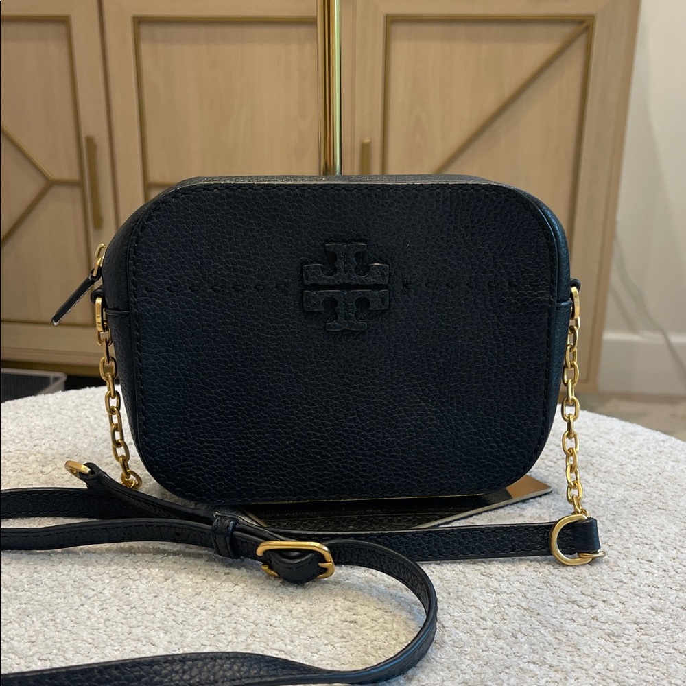 Tory Burch Black Pebbled Leather Camera Crossbody with Gold Chain